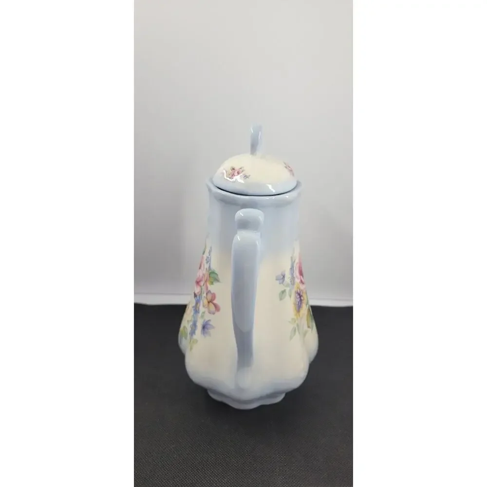 floral Coffee Pot with Lid Blue Pink Flowers Ceramic Cottage Decor 9